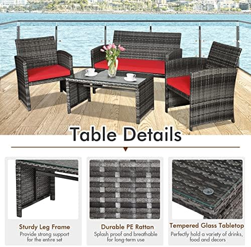 Goplus 4-Piece Rattan Patio Furniture Set, Outdoor Wicker Conversation Sofa with Weather Resistant Cushions and Tempered Glass Tabletop for Lawn Backyard Pool Garden (Red) - Image 3