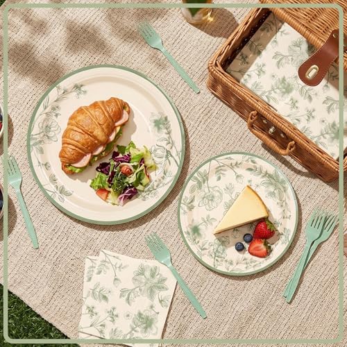 100 Pcs Disposable Sage Green Floral Tableware Set for 25 Guests - Image 3