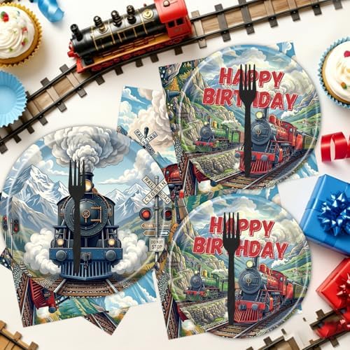 Train Birthday Party Decorations, 96PCS Vintage Train Themed Disposable Paper Plates and Napkins Decorations Sets, Retro Trains Disposable Forks Tableware Supplies Serves 24 - Image 6