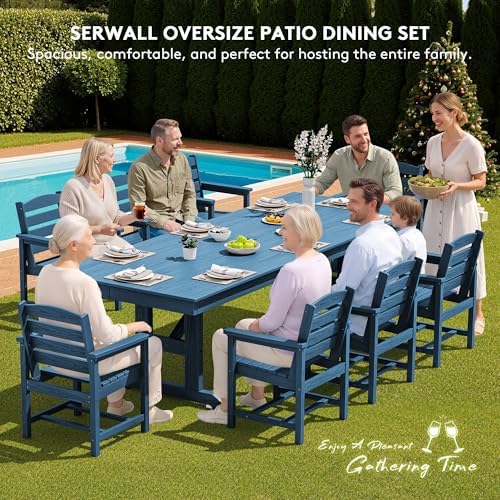 SERWALL 9Pcs 84" HDPE Outdoor Dining Set for 8 with Armchairs,Blue - Image 6