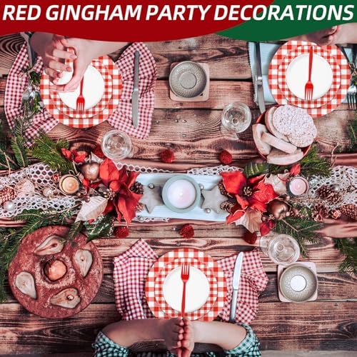 100 Pcs Red White Gingham Party Supplies Set, Serves 25 – Disposable Checkered Paper Plates, Napkins, and Forks, Classic Picnic Themed Tableware for BBQ, Outdoor, Birthday, Holiday Party Decorations - Image 5