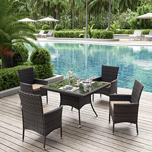 ALAULM 5 Piece Patio Dining Set All-Weather Wicker Outdoor Furniture Set w/Tempered Glass Tabletop, Removable Cushions and Umbrella Hole for Patio, Backyard, Garden, Poolside（Brown） - Image 3