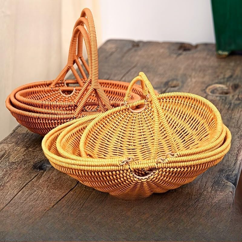Plastic Imitation Rattan Woven Hand Basket Outdoor Picnic Picking Vegetables and Fruits Kitchen Living Room Egg Snack Basket (Yellow1,29.5x24.5cm) - Image 2