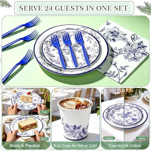 144 Pcs Blue and White Floral Tableware Set for 24 Guests, Heavy-Duty 7" & 9" Paper Plates, Cups, 2-Ply 13" Napkins & Plastic Forks, Disposable Party Supplies for Bridal Baby Shower Tea Party - Image 6