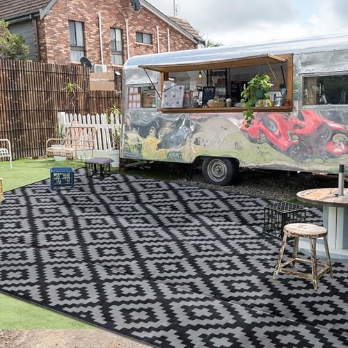 SAND MINE Waterproof Outdoor Rug 10x20 ft, Plastic Reversible Rug, Modern Area Rug, Large Floor Mat for Outdoors, RV, Patio, Backyard, Deck, Picnic, Beach, Camping, Black & Grey - Image 7