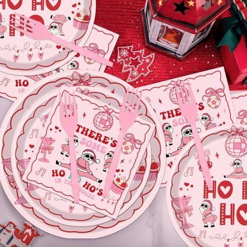 Theres Some Ho Ho Hos in This House Decorations Tableware, 96PCS Pink Friendsmas Christmas Party Paper Plates Napkins Decoration, Funny Christmas Theme Birthday Forks Decor Serve 24 - Image 6