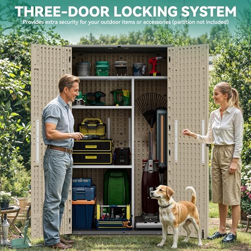 YITAHOME 60 cuft Vertical Outdoor Storage Shed with Shelf, Large Waterproof Storage Cabinet for Garden Shed, Tall Outdoor Storage Shed for Garage, Pool Storage, Resin, Lockable, Khaki & Brown - Image 2