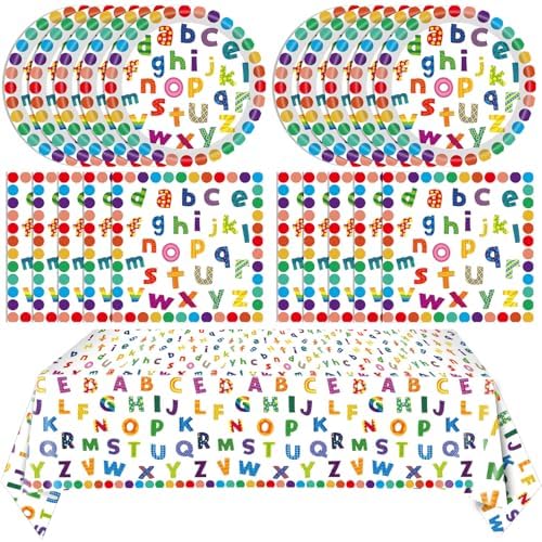 41Pcs Colorful ABC Birthday Party Decorations Alphabet Colorful Party Supplies ABC Rainbow Dots Plates Napkins Tablecloth丨Kids Birthday Educations Party Classroom First Day School Party,Serv 20 by Mainivo