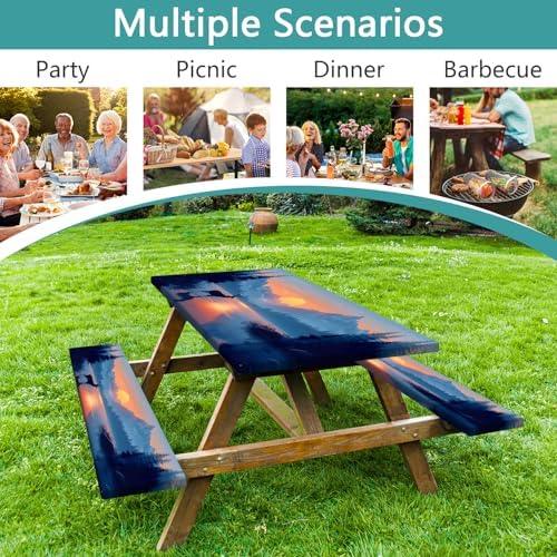 3 PCS Picnic Table Cover with Bench Covers & Storage Bag, Waterproof Fitted Camping Tablecloth with Elastic, 30x96 Inch, Sunset Mountain Lake Deer Forest Print, Indoor Outdoor Patio RV Party Table - Image 3
