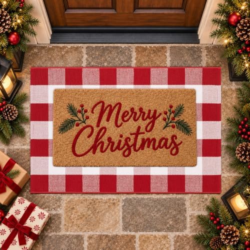 Christmas Red and White Plaid Door Mat, 28 x 43 Inches Cotton Hand-Woven Layered Entry Mat for Front Porch, Entryway, Outdoor Holiday Decor, Washable Buffalo Check Doormat for Home, Patio, Kitchen - Image 3