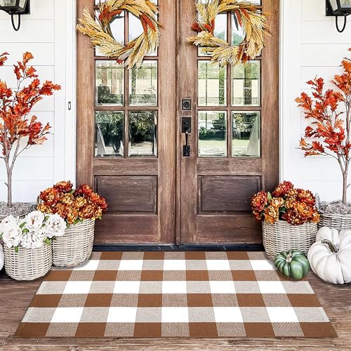 Homydecor Buffalo Plaid Outdoor Rugs, 28'' x 43'' Coffe and White Checkered Area Rug, Layering Rug for Hello/Welcome Door Mat, Washable Cotton Woven Farmhouse Mat for Front Porch Décor by Homydecor