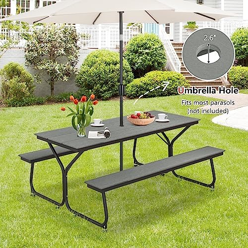 HAPPYGRILL Outdoor Picnic Table Bench Set, 2450 LBS Capacity Dining Table with 2 Benches for 6-8 People, Heavy Duty Metal Frame Picnic Table with HDPE Tabletop & Umbrella Hole for Patio Garden Yard - Image 3