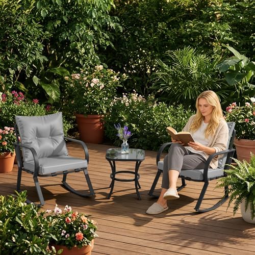 Oakcloud Oakmont Outdoor Furniture 3 Piece Conversation Bistro Set Rocking Chairs and Glass Top Table, Thick Cushions, Black Steel (Grey) - Image 6
