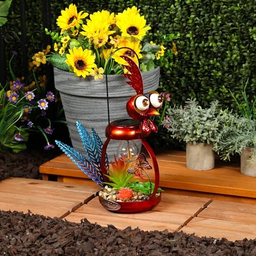 Alpine Corporation LYT286SLR-HH Solar-Powered Metal Rooster w/Garden Enclosed LED Light Decor, Solar Patio Decor, 16''H, Red - Image 6