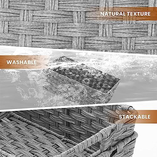 Onlytak Large Wicker Storage Basket, Metal Frame, Set of 2, Washable Waterproof, 15" x 10.3" x 5.2", Grey Color, Woven Basket for Pantry, Toilet, Bathroom, Bedroom, Patio - Image 3