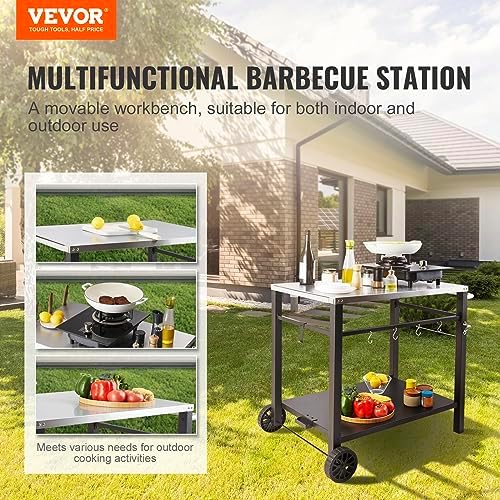 VEVOR Outdoor Grill Cart with Double-Shelf, BBQ Movable Food Prep Table with PVC Placemat, Black Iron Table Top, Portable Modular Carts for Pizza Oven, Worktable with 2 Wheels, Carry Handle - Image 2