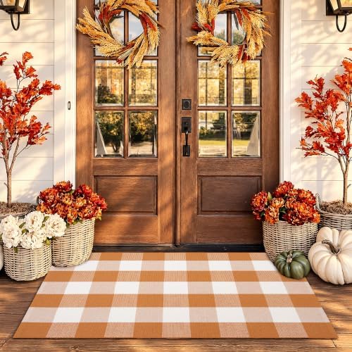 Caramel Buffalo Plaid Rug 28 x 43 for Front Porch Entryway by Homydecor