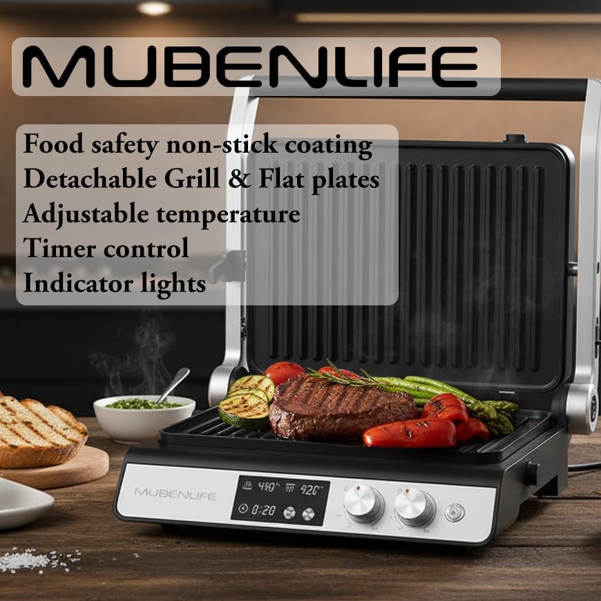 Panini Press,4 Slices Contact Grill with Removable Non-Stick Coated Grill and Flat Plates,Panini Makers with Temperature Control and Timer,Open 180 Degrees,Grill and Griddle (Silver with digital) - Image 3