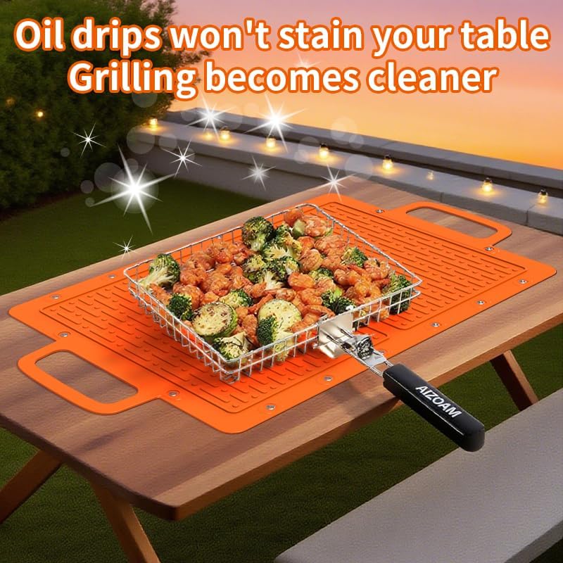 Large Silicone Grill Mat, Heat Resistant Non-Slip BBQ Mat, Foldable Grill Side Shelf Pad with Snap Buttons, Food-Grade, Convertible Storage Bag for BBQ Utensils & Accessories, Orange - Image 2