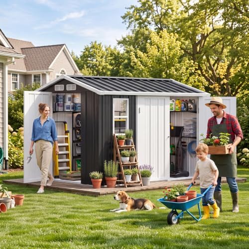 DWVO 7' x 5' Outdoor Metal Storage Shed with Windows & 3 Lockable Doors - Image 3