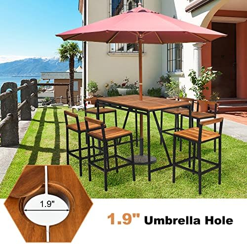 HAPPYGRILL 7 Piece Patio Bar Table Set with Umbrella Hole Acacia Wood High-Dining Bistro Set with 6 Bar Stools, PE Wicker Outdoor Bar Set for Backyard Patio and Poolside - Image 4