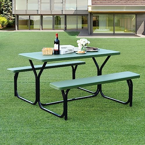 ORALNER Picnic Table, Resin Dining Table & 2 Benches Set, Weather Resistant Wood Grain Plastic Tabletop & Steel Frame, Picnic Tables for Outdoors, Porch Yard Patio Lawn Party Camping (Green) - Image 2