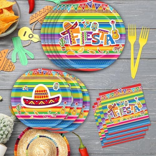 200 PCS Mexican Fiesta Party Plates Napkins Fiesta Themed Tableware Set for Mexican Party Decorations Dessert Plates Forks Serves 50 Guests for Birthday Favor Supplies - Image 4