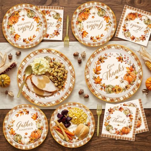 96 Pieces Thanksgiving Tableware Set – Fall Pumpkin Disposable Plates, Napkins, and Gold Forks for Thanksgiving Dinner, Friendsgiving, Harvest Party and Autumn Celebrations – Serves 24 Guests - Image 6