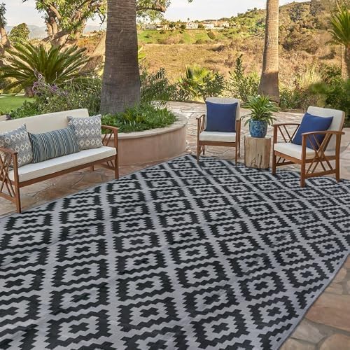 SAND MINE Waterproof Outdoor Rug 10x20 ft, Plastic Reversible Rug, Modern Area Rug, Large Floor Mat for Outdoors, RV, Patio, Backyard, Deck, Picnic, Beach, Camping, Black & Grey - Image 5