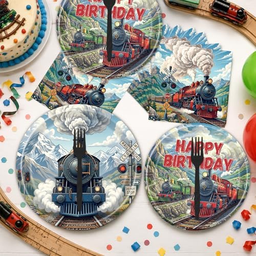 Train Birthday Party Decorations, 96PCS Vintage Train Themed Disposable Paper Plates and Napkins Decorations Sets, Retro Trains Disposable Forks Tableware Supplies Serves 24 - Image 5