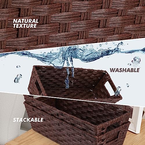 Onlytak Plastic Wicker Storage Baskets - Toilet Tank & Bathroom Baskets, Woven for Organizing, Brown, 15¾" x 6¾" x 4¾", 2-Pack - Image 3