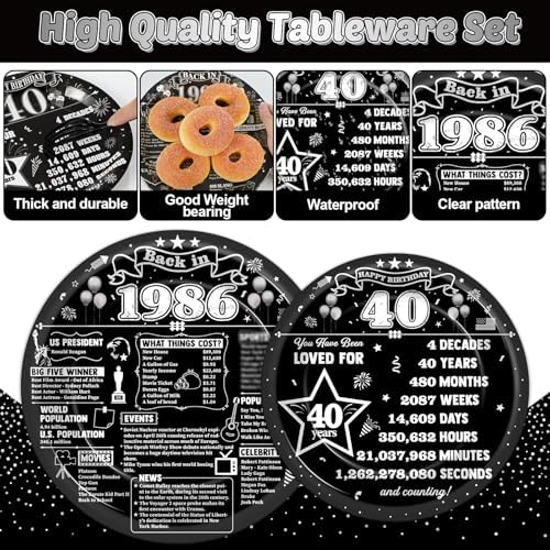 96PCS 40th Birthday Party Paper Plates and Napkins Retro 40th Supplies Men and Women Back in 1986 Black Tableware Set for 40 Years Old Themed Birthday Gatherings Decorations - Image 3