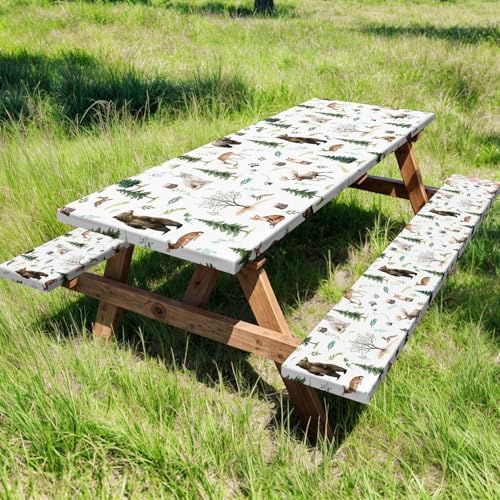 Picnic Table Cover with Bench Covers, Camping Essentials, Funny Rustic Woodland Animals Dear Beer Fox Table Cover Waterproof Fitted Tablecloth Cover with Elastic Edge for Outdoor 3 PCS 30x60 Inch - Image 2