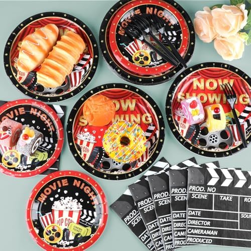 Naozinebi Movie Night Party Plates Movie Themed Paper Tableware Now Showing Theater Themed Decorations Dinnerware for Film Action Lights Camera Red Carpet Birthday Party Supplies Serve 24 - Image 5