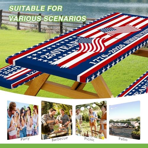 250th Anniversary America Flag Picnic Table Cover with Bench Covers Camping Essentials 250 USA Flag 1776-2026 Waterproof Fitted Camping Tablecloth Cover with Elastic Edge for Outdoor 3 PCS 30x60 Inch - Image 3