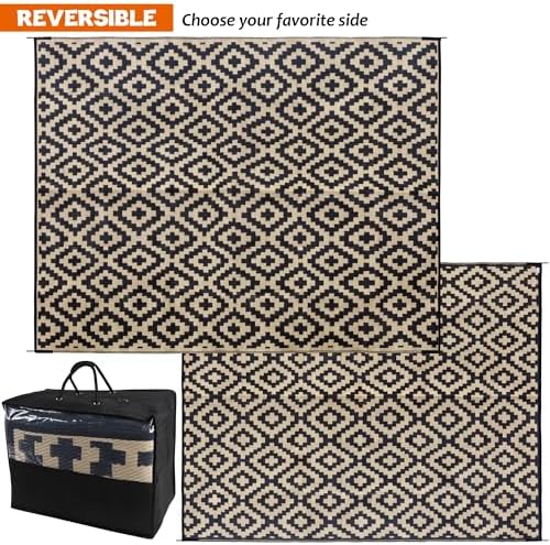 SAND MINE Waterproof Outdoor Rug 8x10 ft, Plastic Reversible Rug, Modern Area Rug, Large Floor Mat for Outdoors, RV, Patio, Backyard, Deck, Picnic, Beach, Camping, Black & Beige - Image 3