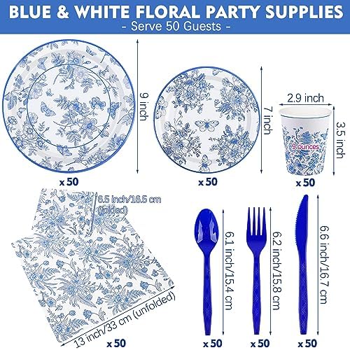 durony 350 Pieces Blue & White Floral Party Supplies 7 Inch 9 Inch Disposable Elegant Flower Paper Plates Napkins Cups Tableware Set for Wedding Baby Shower Birthday Party Chinoiserie Decor, Serve 50 - Image 2