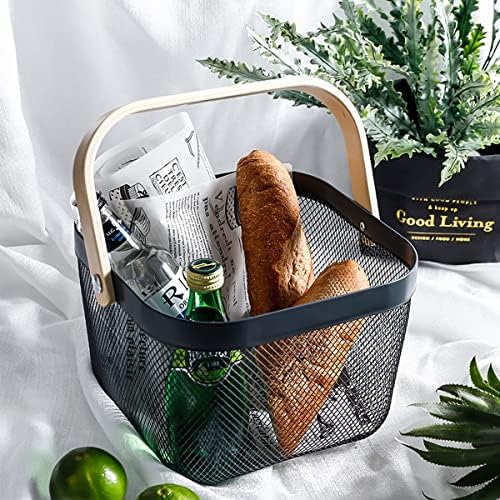 Mesh Steel Storage Organizer Basket Fruit Basket Bin with Wood Handle Ideal for Kitchen Bathroom Picnic Baskets Pantry Cabinets Storage Home Decor (Black) - Image 2