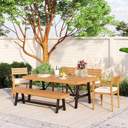 6-Pcs Outdoor Patio Dining Table & Chair & Bench Set for 6, Wooden Outdoor Dining Table Set with Removable Cushion, 6-Pcs, Wood by JJKFurniture-kevinplus