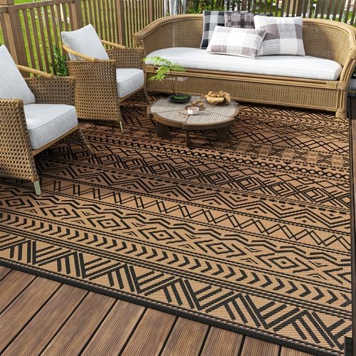 MontVoo Outdoor Rug 8x10 Waterproof Outdoor Patio Rug Mat Reverisble Plastic Straw Outdoor Rug for RV Camping Picnic Beach Balcony Boho Black Brown by MontVoo