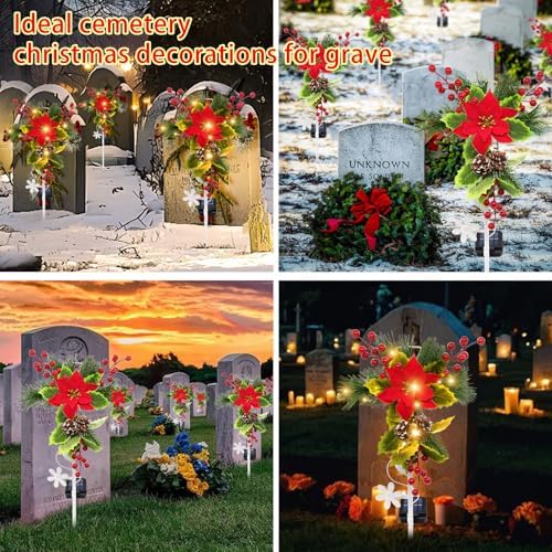 4 Pack Solar Christmas Decorations Outdoor, 32 Inch Solar Christmas Cross Stake Lights, Waterproof Grave Decorations with Poinsettia Flower Pinecones Red Berries for Garden Yard Patio Lawn Cemetery - Image 6