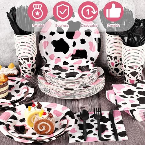 Kochorie 350 PCS Pink Cow Print Party Supplies Set for 50 Guests Includes Cowgirl Pink Cow Party Plates Cups Napkins Utensils for Western Birthday, Baby Shower, Bachelorette Disposable Tableware - Image 4