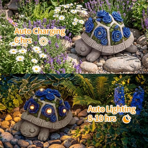 Solar Garden Outdoor Decor Turtle Statue, Dark Blue Roses & 7 LED Lights - Image 6