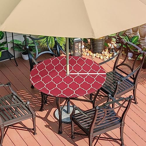 Round Tablecloth with Umbrella Hole and Zipper Moroccan Pattern Outdoor Elastic Fitted Table Cloth 36"-44" Oil-Proof Waterproof Burgundy Red Patio Table Cover for Picnic Party - Image 7
