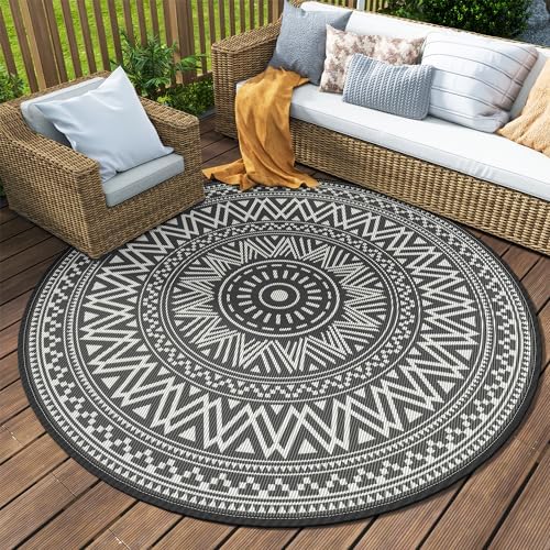 MontVoo Outdoor Rug Carpet Waterproof Round 8ft Outdoor Patio Rug Mat Reverisble Plastic Straw Outdoor Rug for RV Camping Picnic Beach Balcony Boho Grey by MontVoo