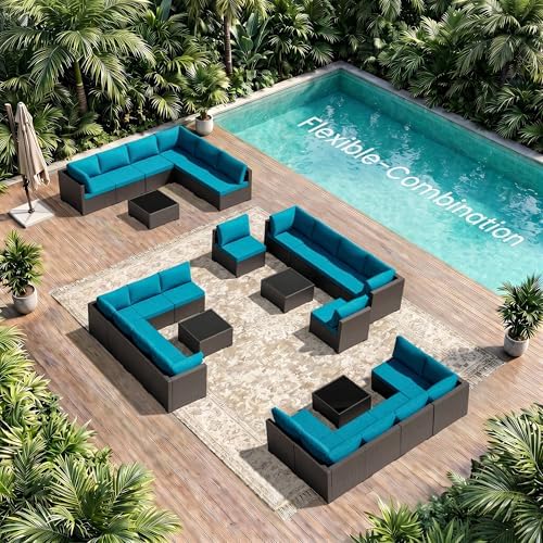 Patio Furniture Set - All-Weather - 7 Piece Patio Outdoor Conversation Set, Modular Wicker Rattan Sectional Sofa for Backyard, Garden, Poolside, Balcony, Porch, Patio,Black/Peacock Blue - Image 6