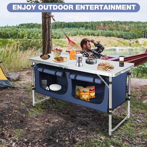 Outdoor Folding Camping Table with Storage Organizer(Blue) - Image 4