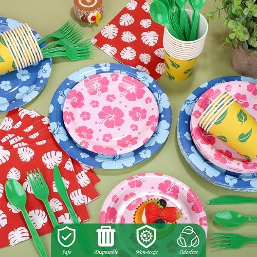 Kochorie 175 Pieces Hawaiian Cartoon Party Supplies Tropical Hawaii Hibiscus Floral Tableware Set 7 Inch & 9 Inch Paper Plates Napkins Cups Cutlery for Birthday Blue Cartoon Party, Serve 25 Guests - Image 4