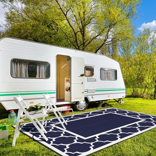 GENIMO Outdoor Rug, Waterproof Plastic Rugs 10'x14' for Camping Blue White - Image 3