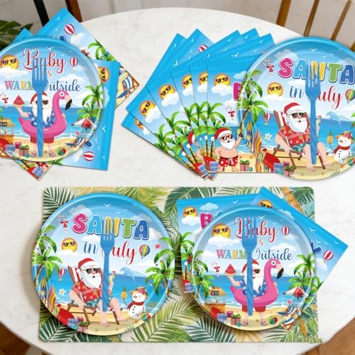 Gameza Tropical Christmas Party Decorations - 96PCS Baby It's Warm Outside Party Plates Napkins and Forks Tableware Set Disposable, Summer Santa in July Holiday Christmas Vacation Supplies Decor - Image 6